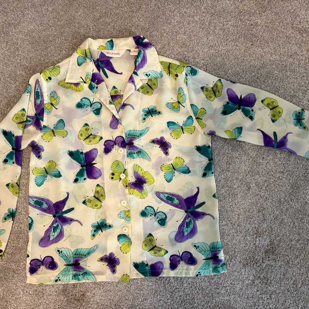 Bechamel Womens Butterfly Print Button Down Shirt - Purple and Green